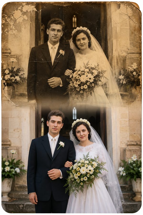 Foto de casamento antiga restaurada e colorizada com a DIA