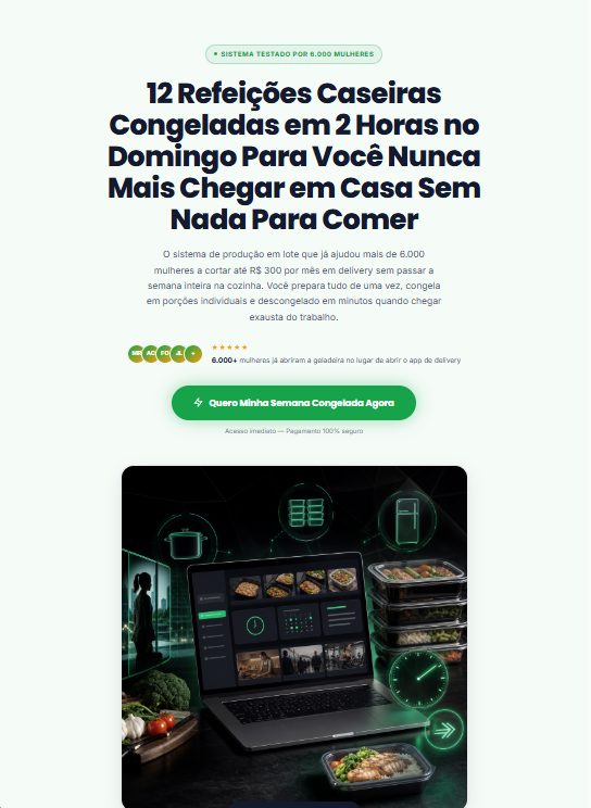 Página de vendas de um método de refeições congeladas criada com a DIA